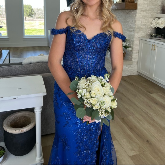 Sherri Hill Sapphire Blue Off-Shoulder Prom Gown - Picture 2 of 3